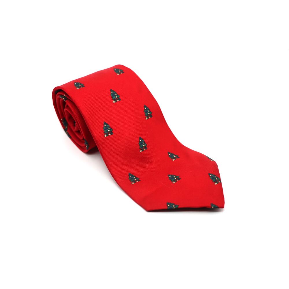 Vintage Wembley Pure Silk Christmas Necktie – Red with Green Tree Pattern